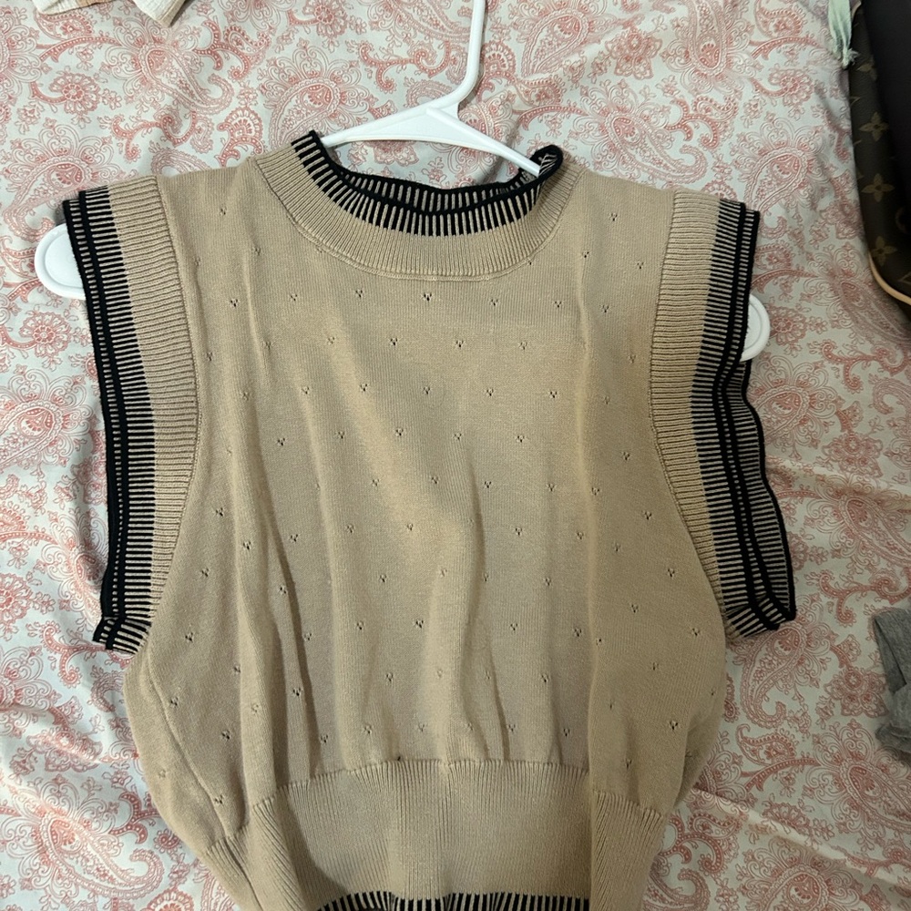 Beige Knit Top with Black Trim